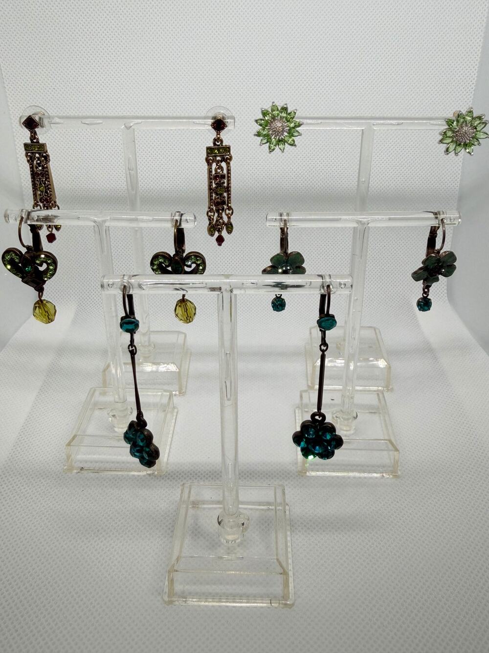 Lot of Vintage Earrings green and blue rhinestones silver tone metal 5 pairs